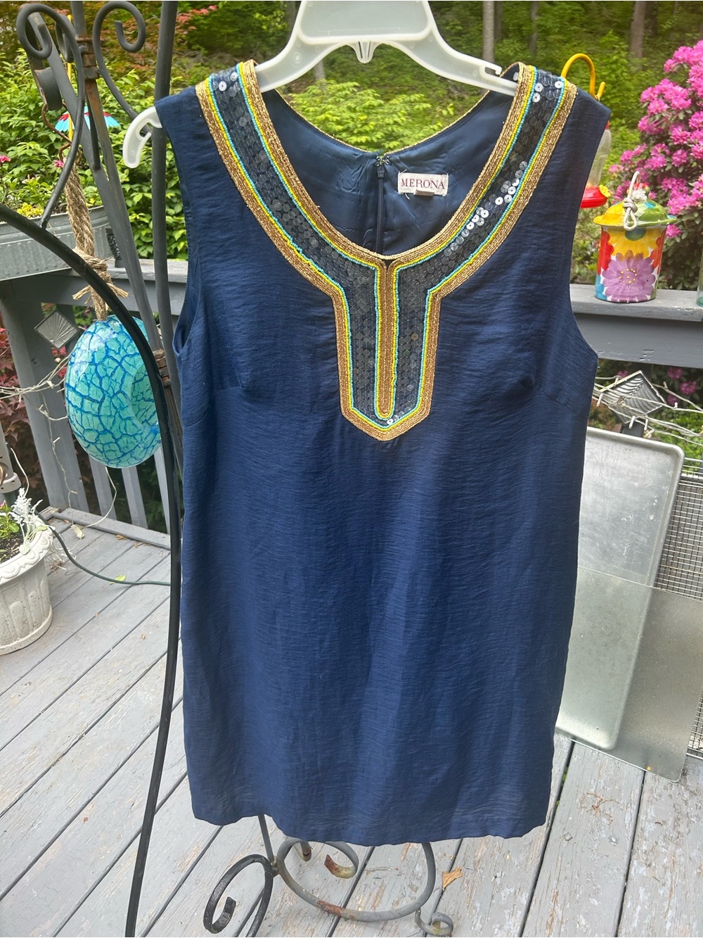 Merona Navy Sleeveless Dress with Gold and Aqua Embellished V-Neck